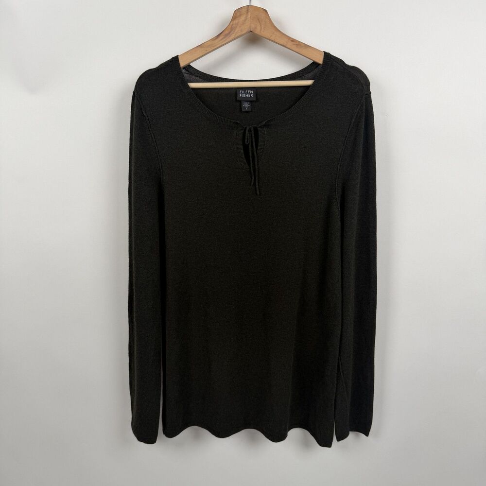 Eileen Fisher Sweater Womens M Dark Green Scoop Neck Tie Front Knit Minimalist